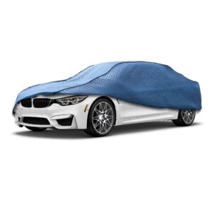 Pokrowiec przeciwgradowy na samochód BMW, niebieski, chroni przed warunkami atmosferycznymi.
